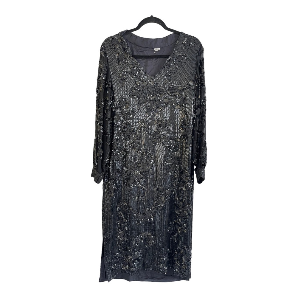 Vintage Black Heavy Embellished Sequins Midi Shift Dress Size 10